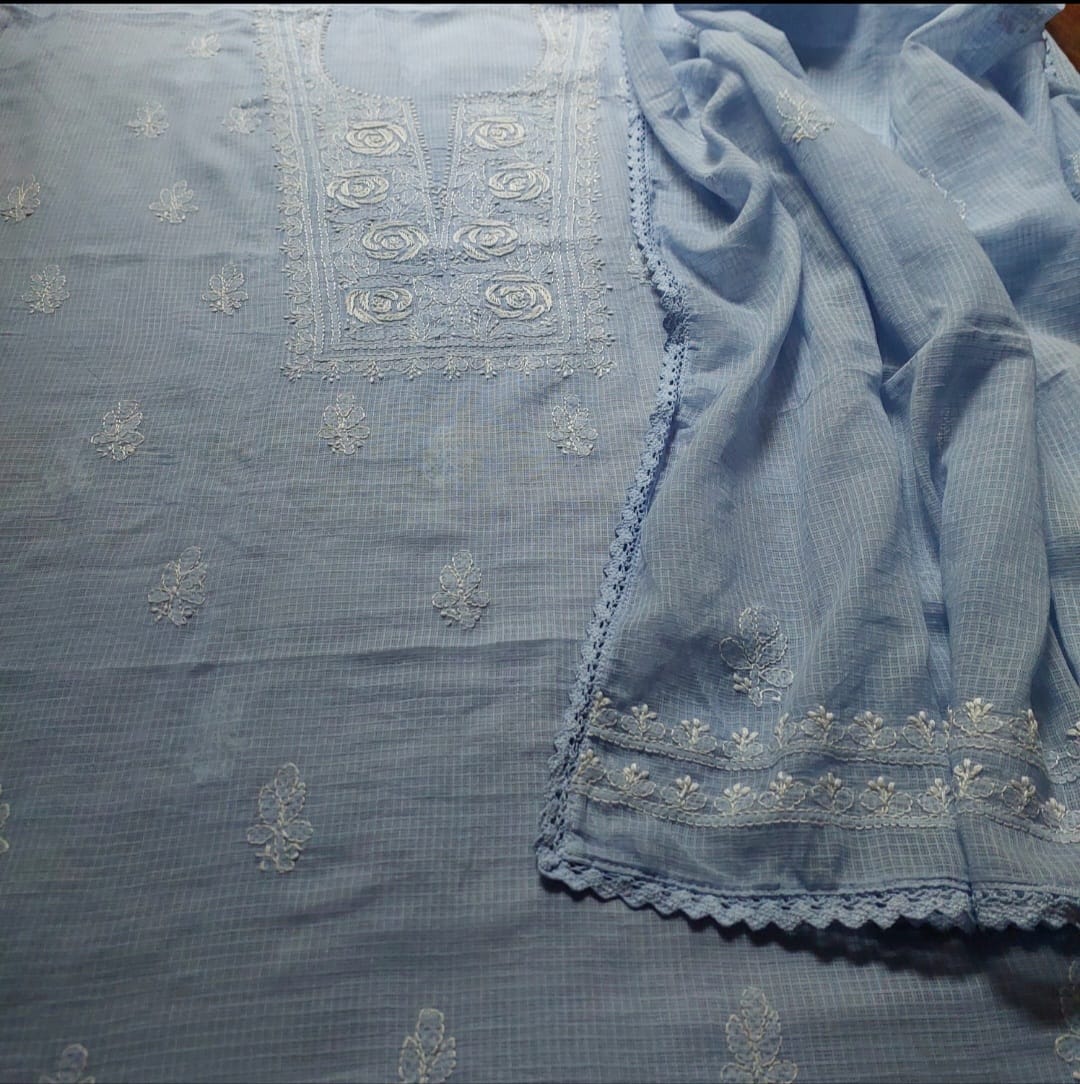 Kota Doriya Rose Chikankari (Ice Blue)