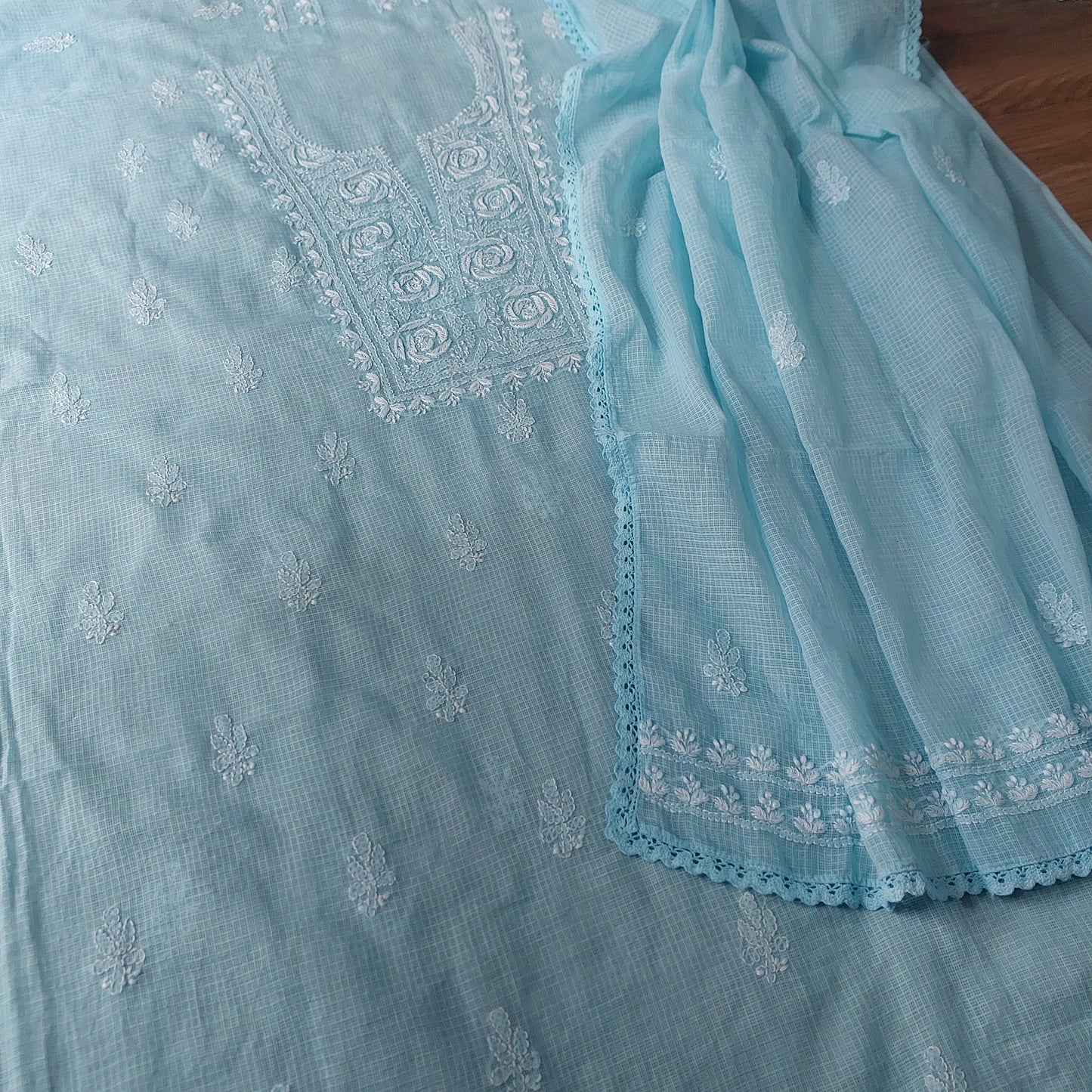Kota Doriya Rose Chikankari (Turquoise Blue)