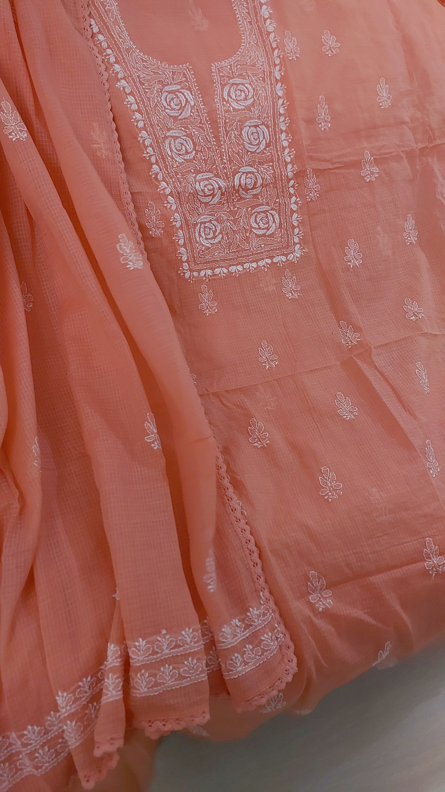 Kota Doriya Rose Chikankari (Peach)