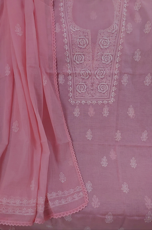 Kota Doriya Rose Chikankari (Peach Pink)