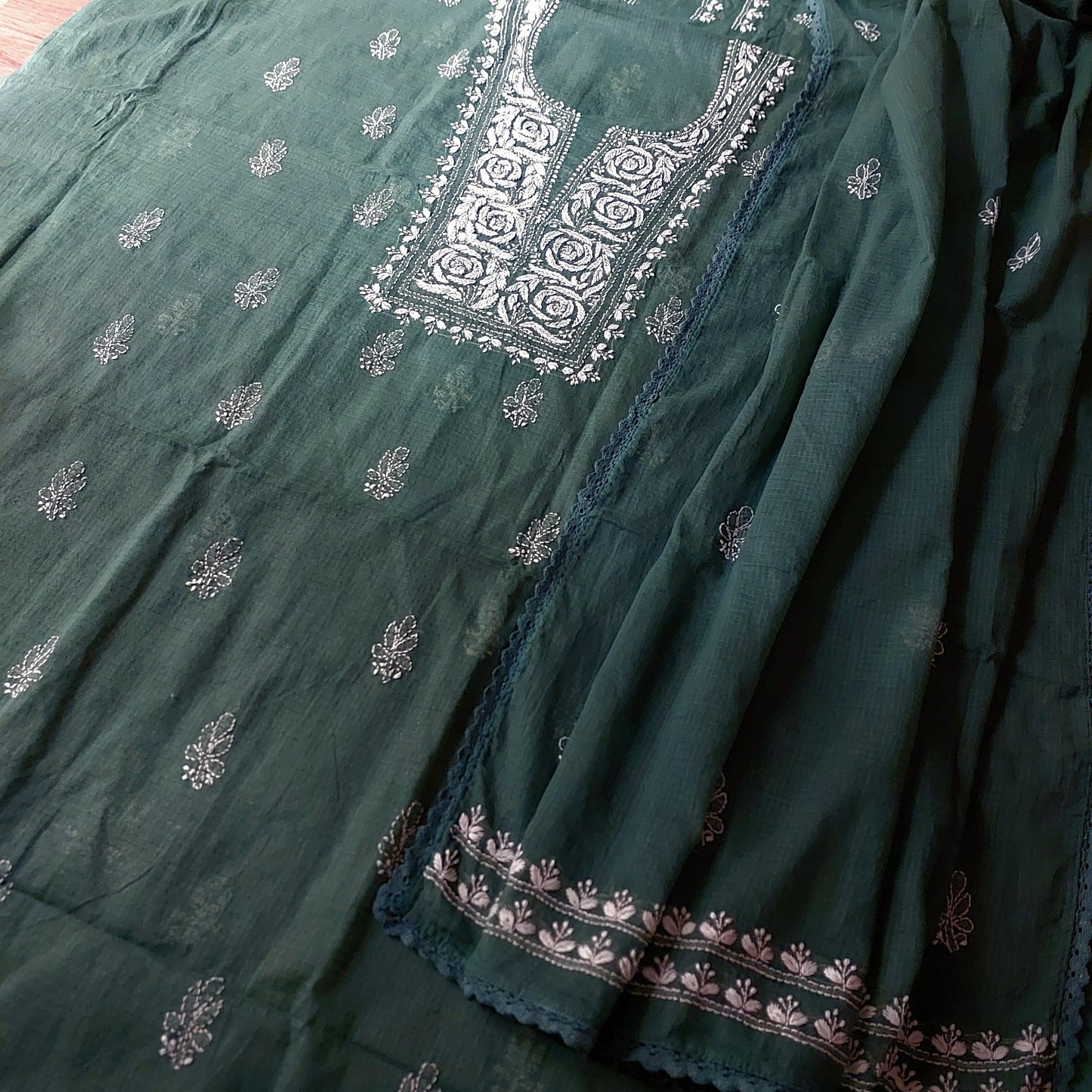 Kota Doriya Rose Chikankari (Bottle Green)