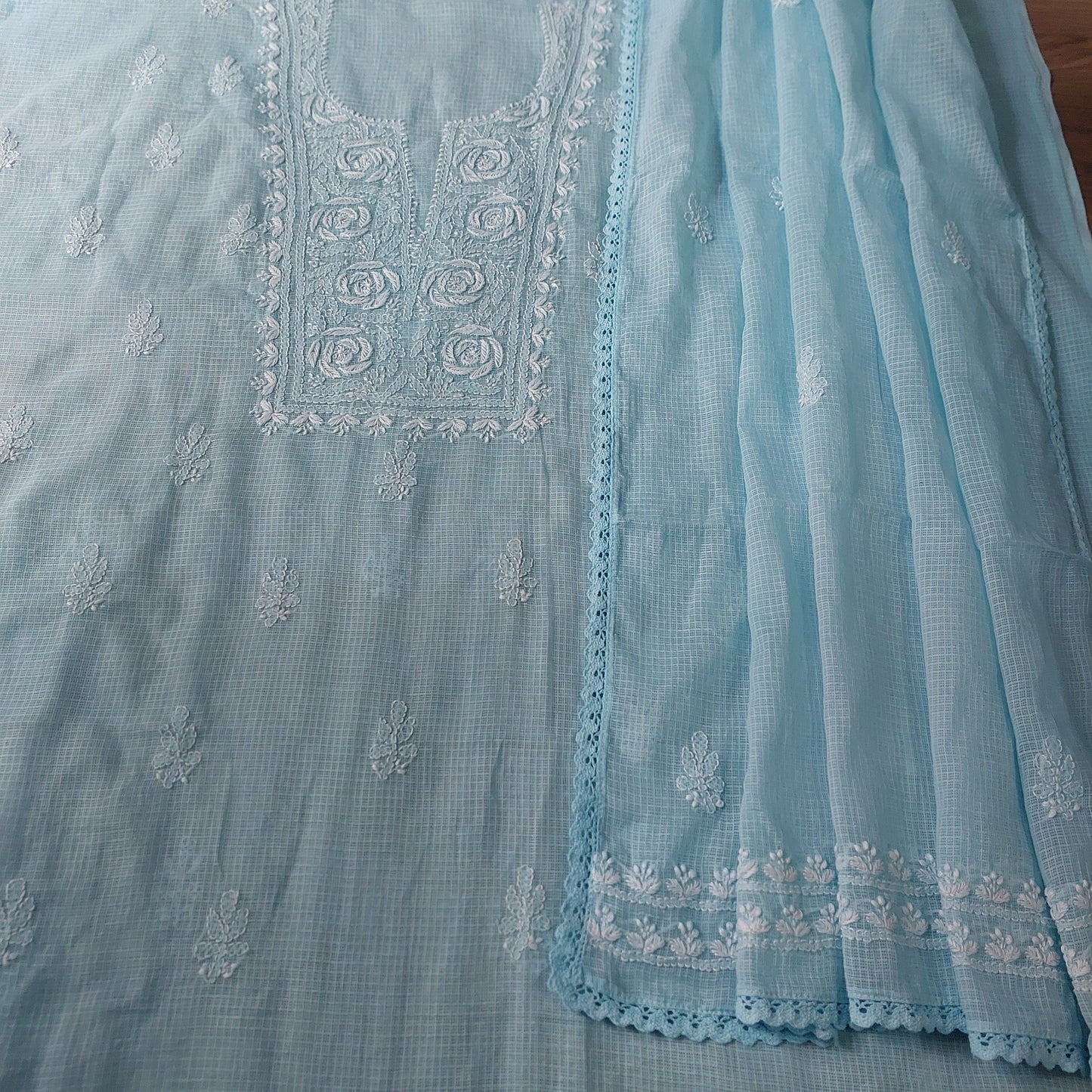 Kota Doriya Rose Chikankari (Turquoise Blue)