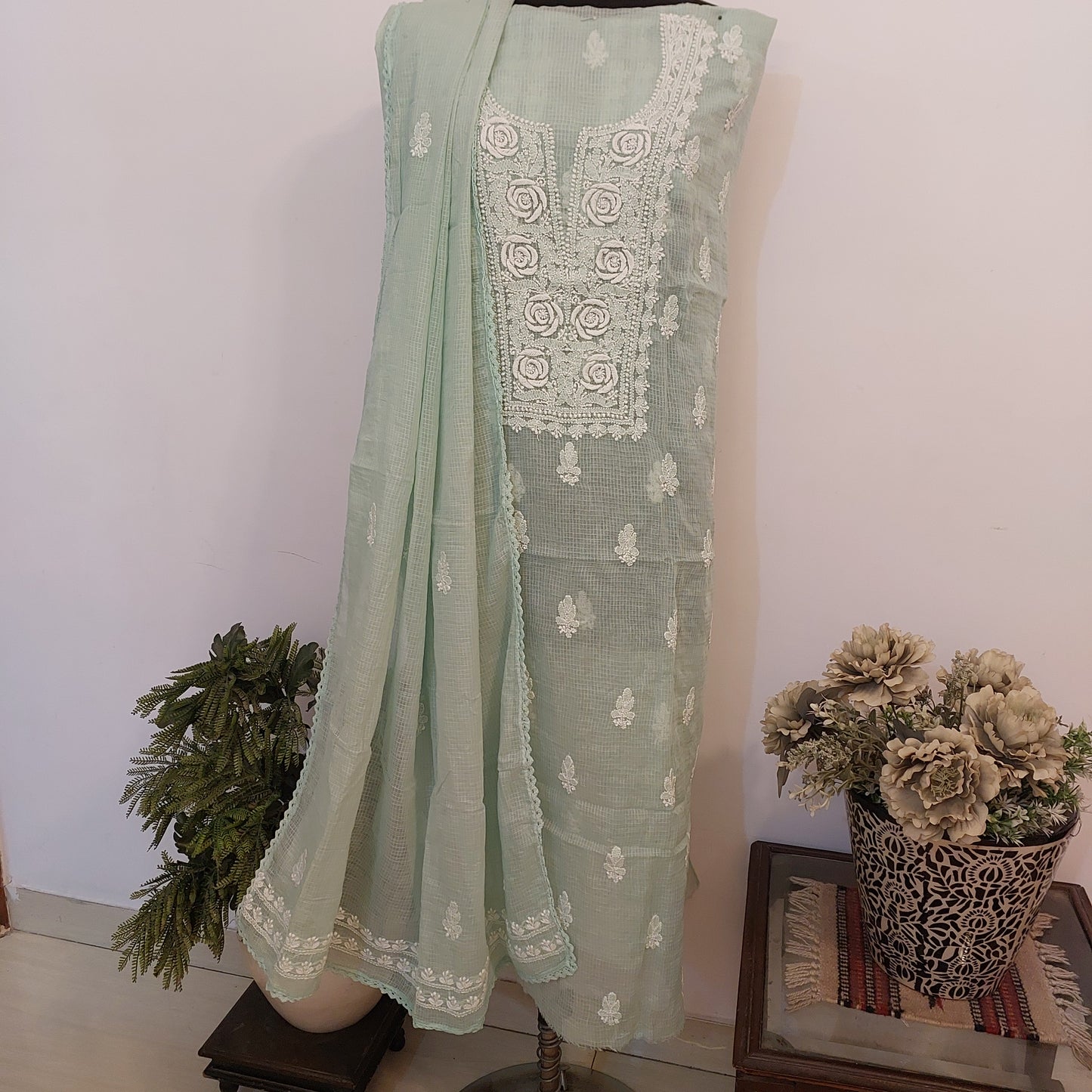 Kota Doriya Rose Chikankari (sea green)