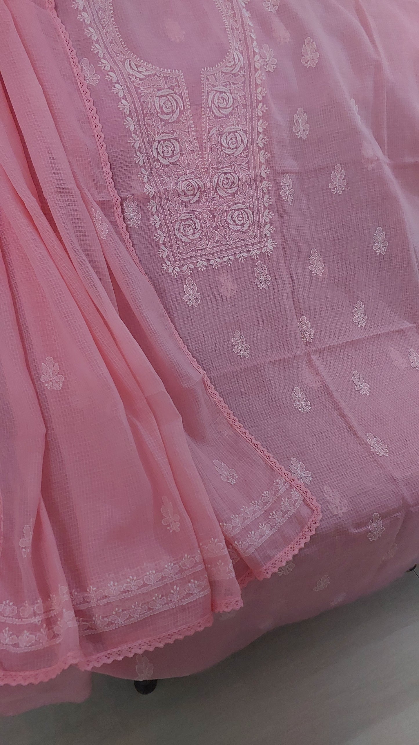 Kota Doriya Rose Chikankari (Peach Pink)