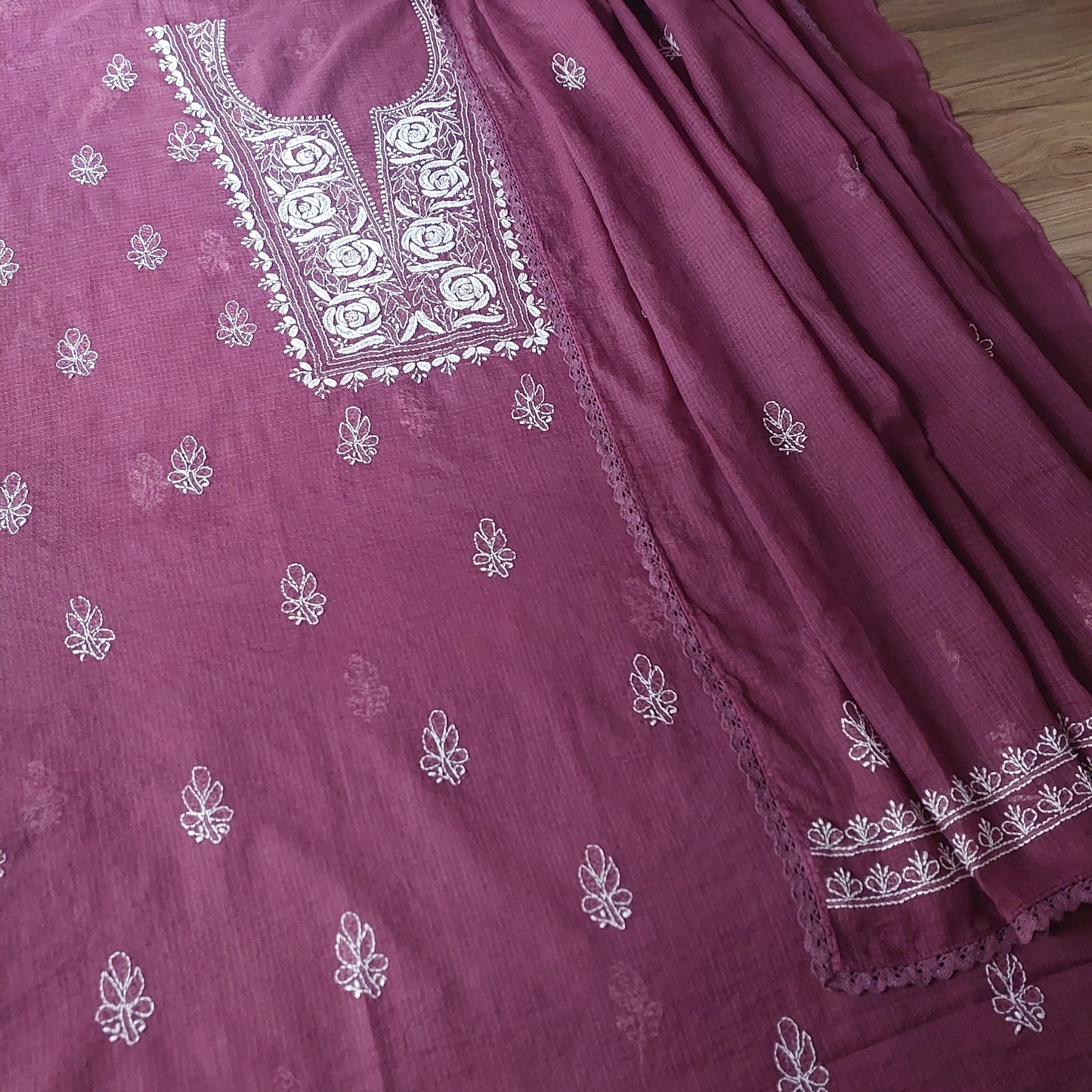 Kota Doriya Rose Chikankari (Deep Wine)