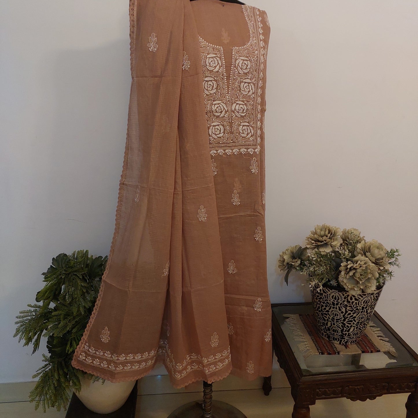 Kota Doriya Rose Chikankari (light brown)
