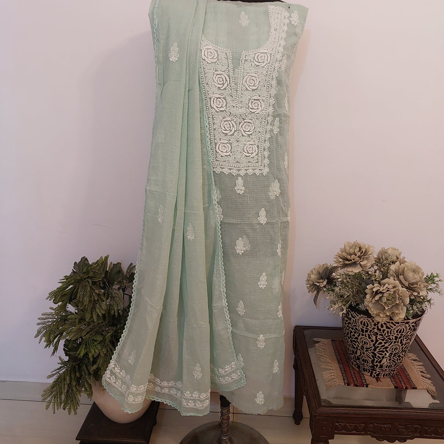 Kota Doriya Rose Chikankari (sea green)
