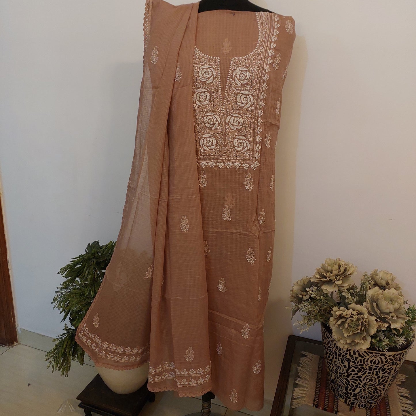 Kota Doriya Rose Chikankari (light brown)