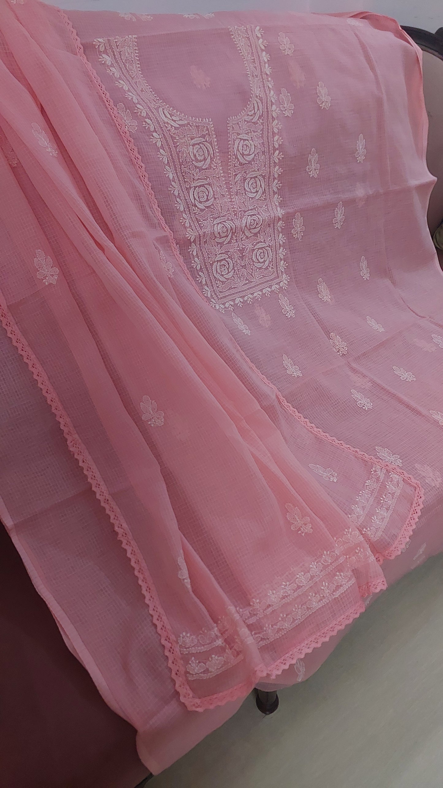 Kota Doriya Rose Chikankari (Peach Pink)