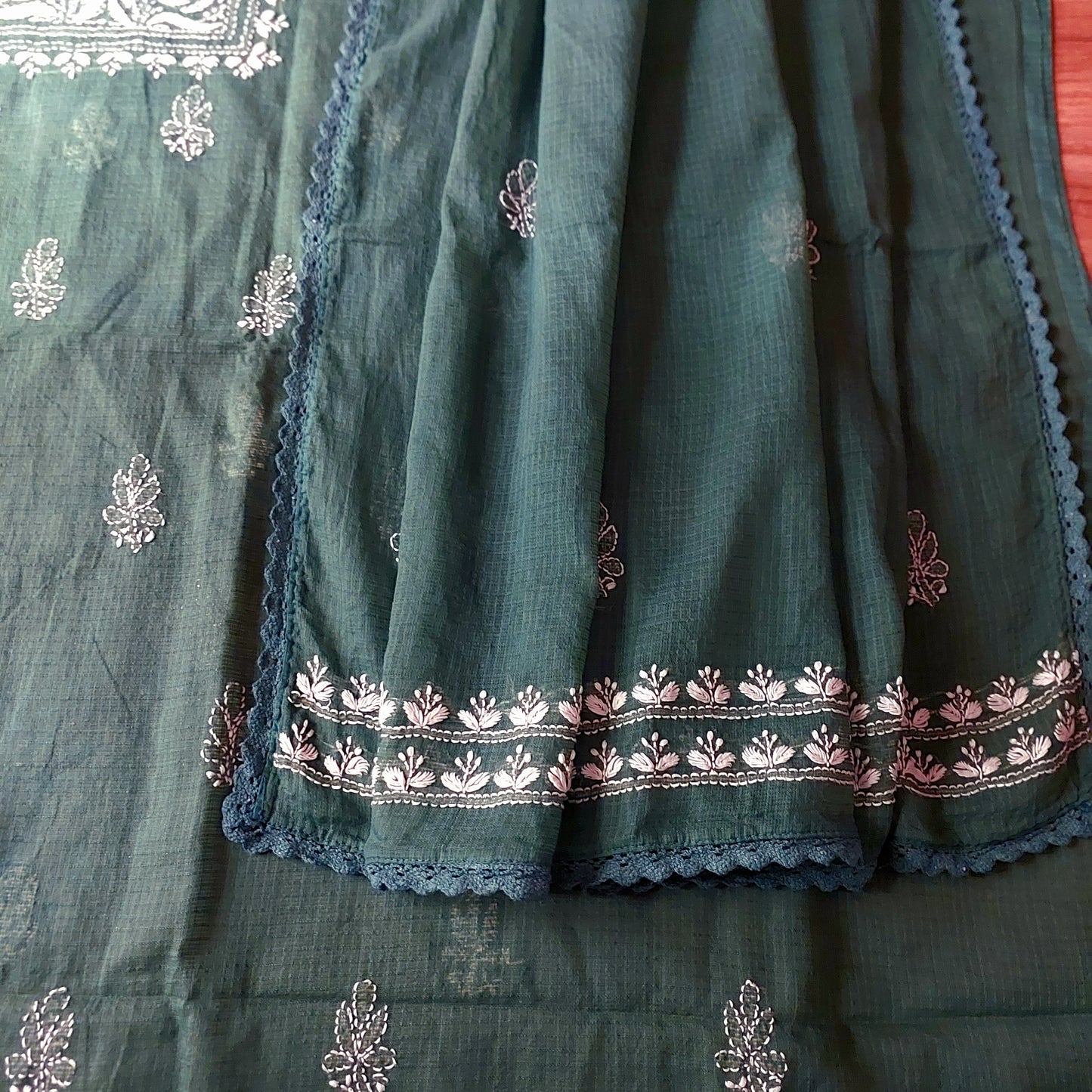 Kota Doriya Rose Chikankari (Bottle Green)