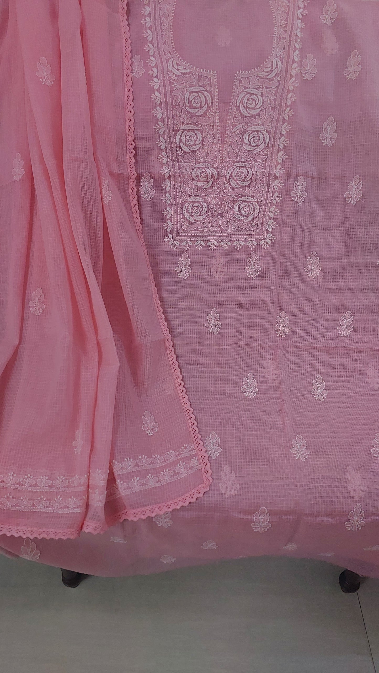 Kota Doriya Rose Chikankari (Peach Pink)