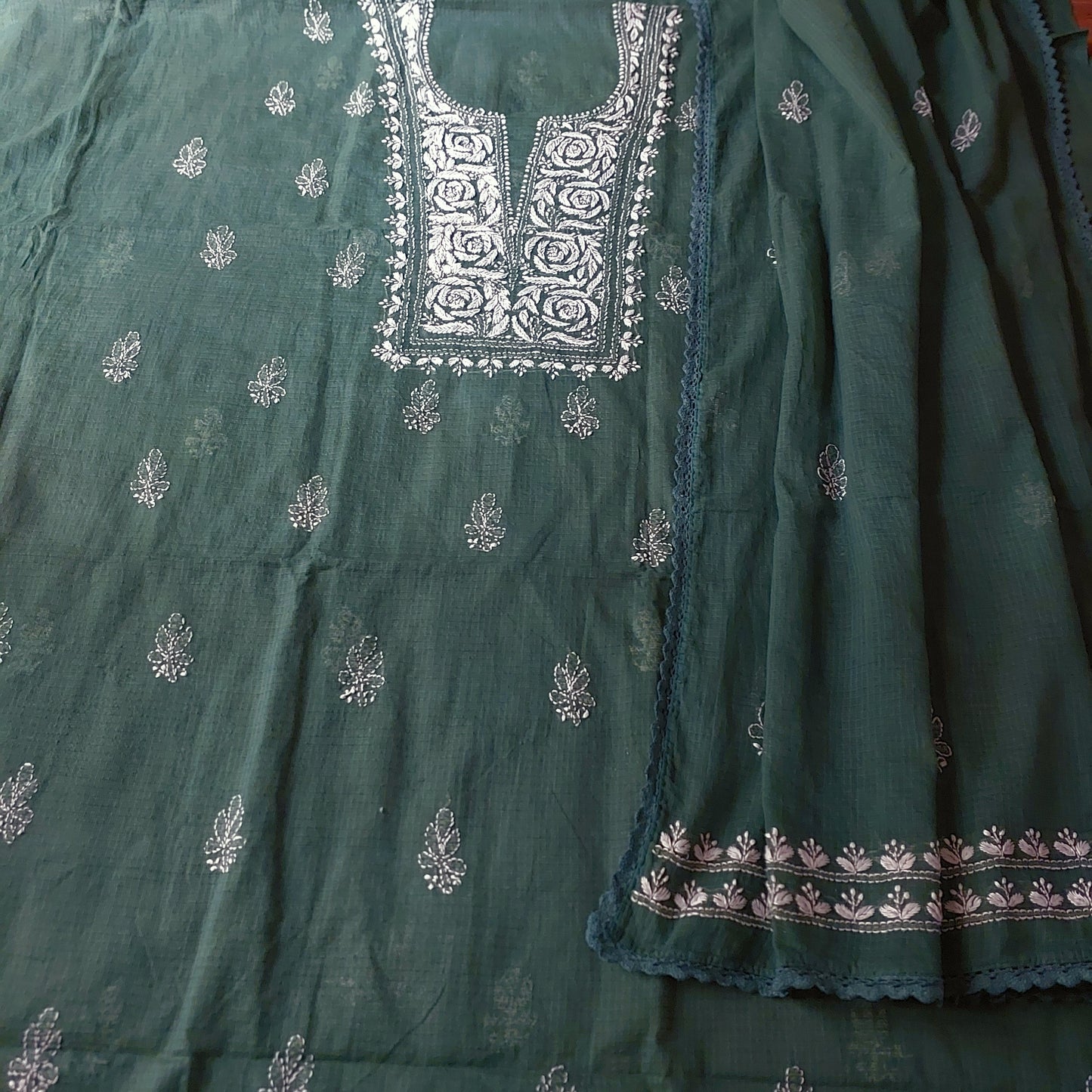 Kota Doriya Rose Chikankari (Bottle Green)