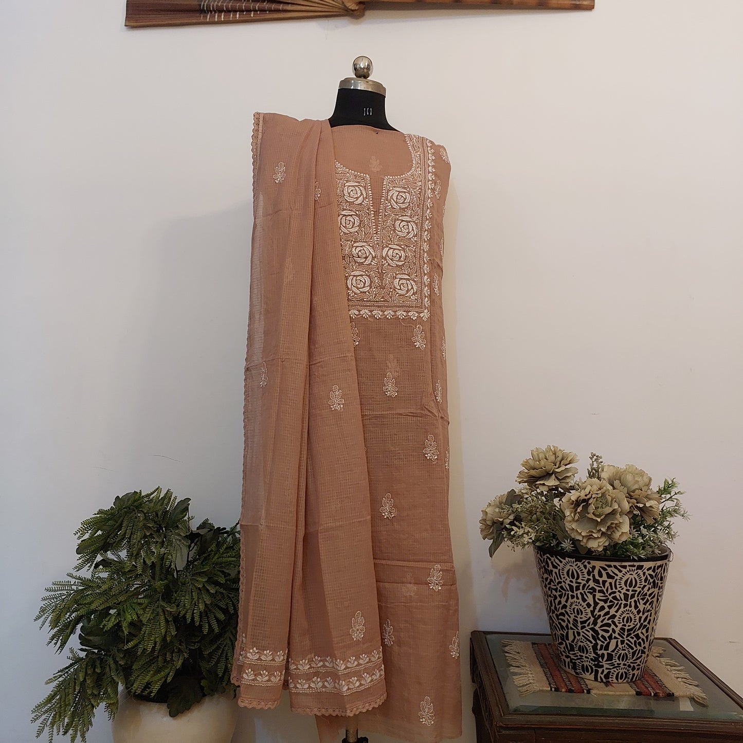 Kota Doriya Rose Chikankari (light brown)