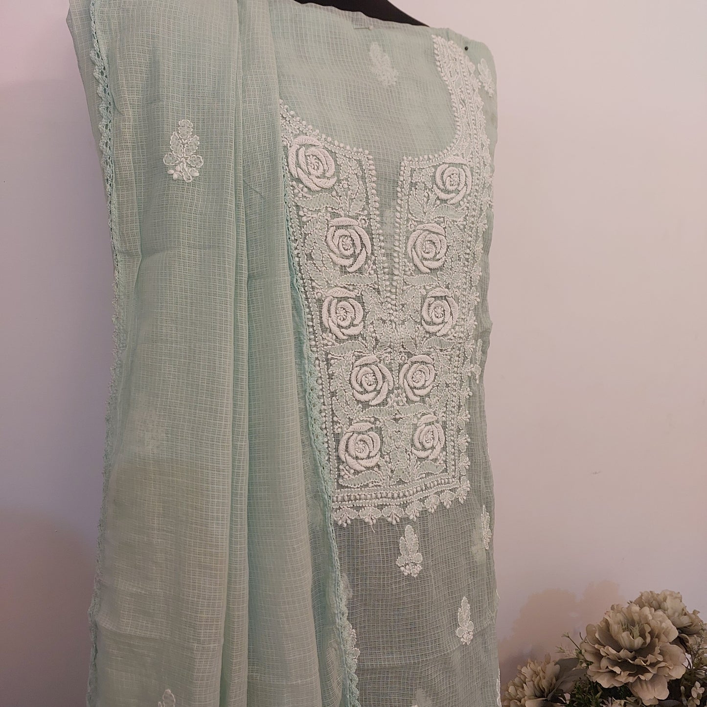 Kota Doriya Rose Chikankari (sea green)
