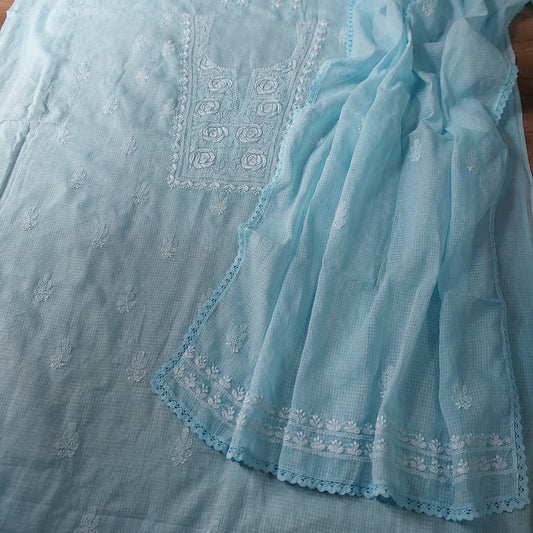 Kota Doriya Rose Chikankari (Turquoise Blue)