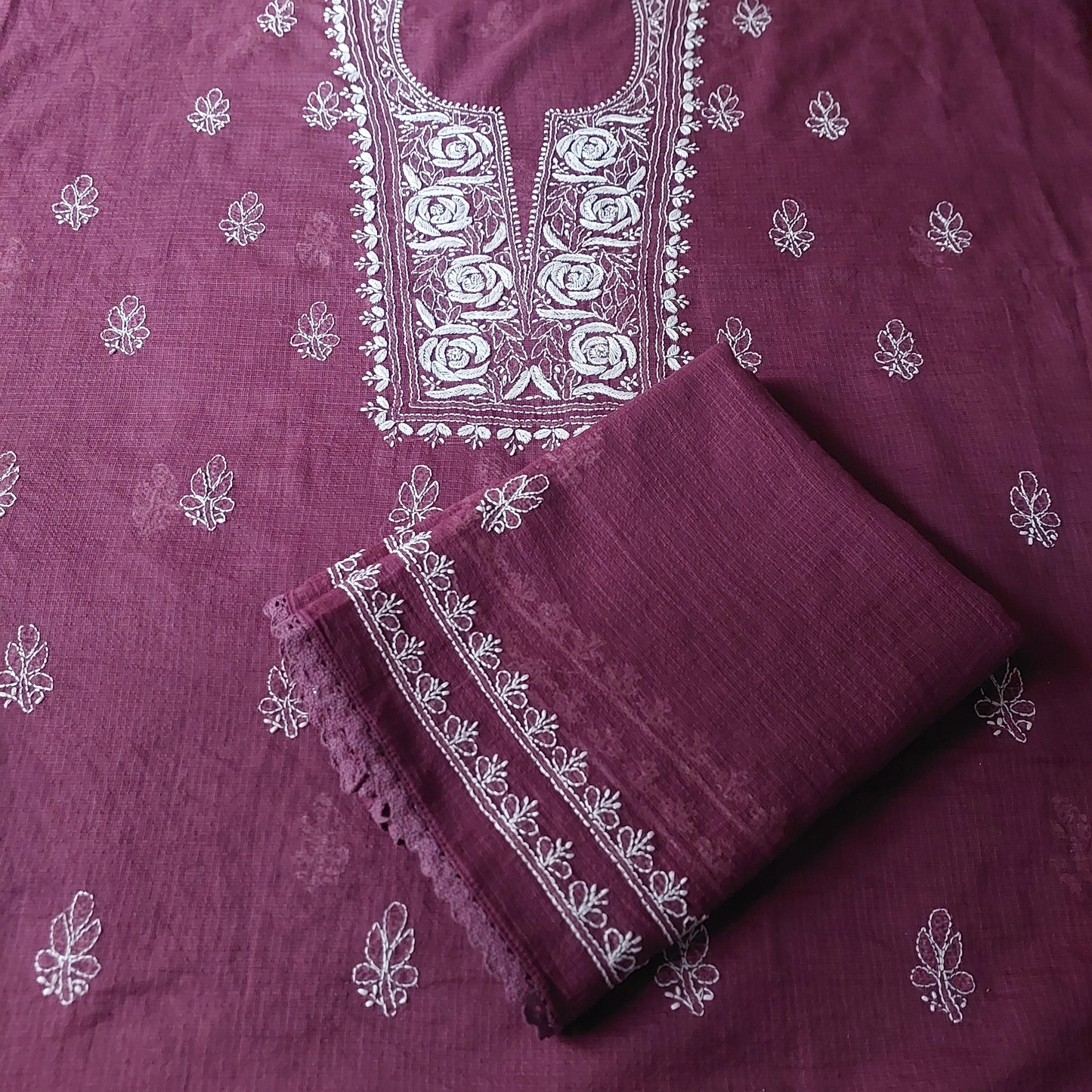 Kota Doriya Rose Chikankari (Deep Wine)